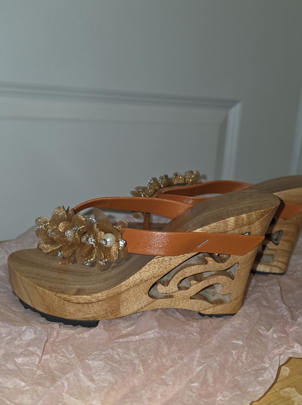 Handmade Custom Orange Floral Embellished Wedge Sandals